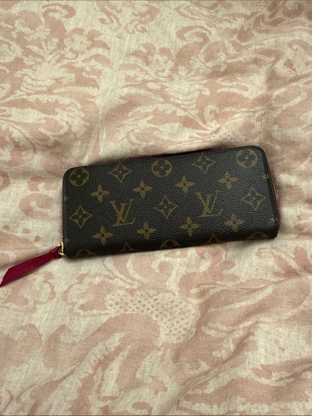 Louis Vuitton Monogram Zip Wallet in Brown with Burgundy Pull